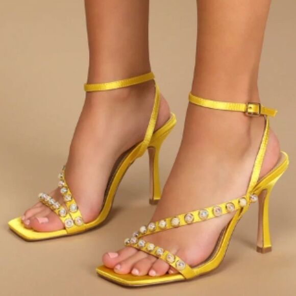Lulus Women's Satin Pearl Strappy Heeled Sandals Party Marigold Shoes Size 8.5 - Picture 3 of 7